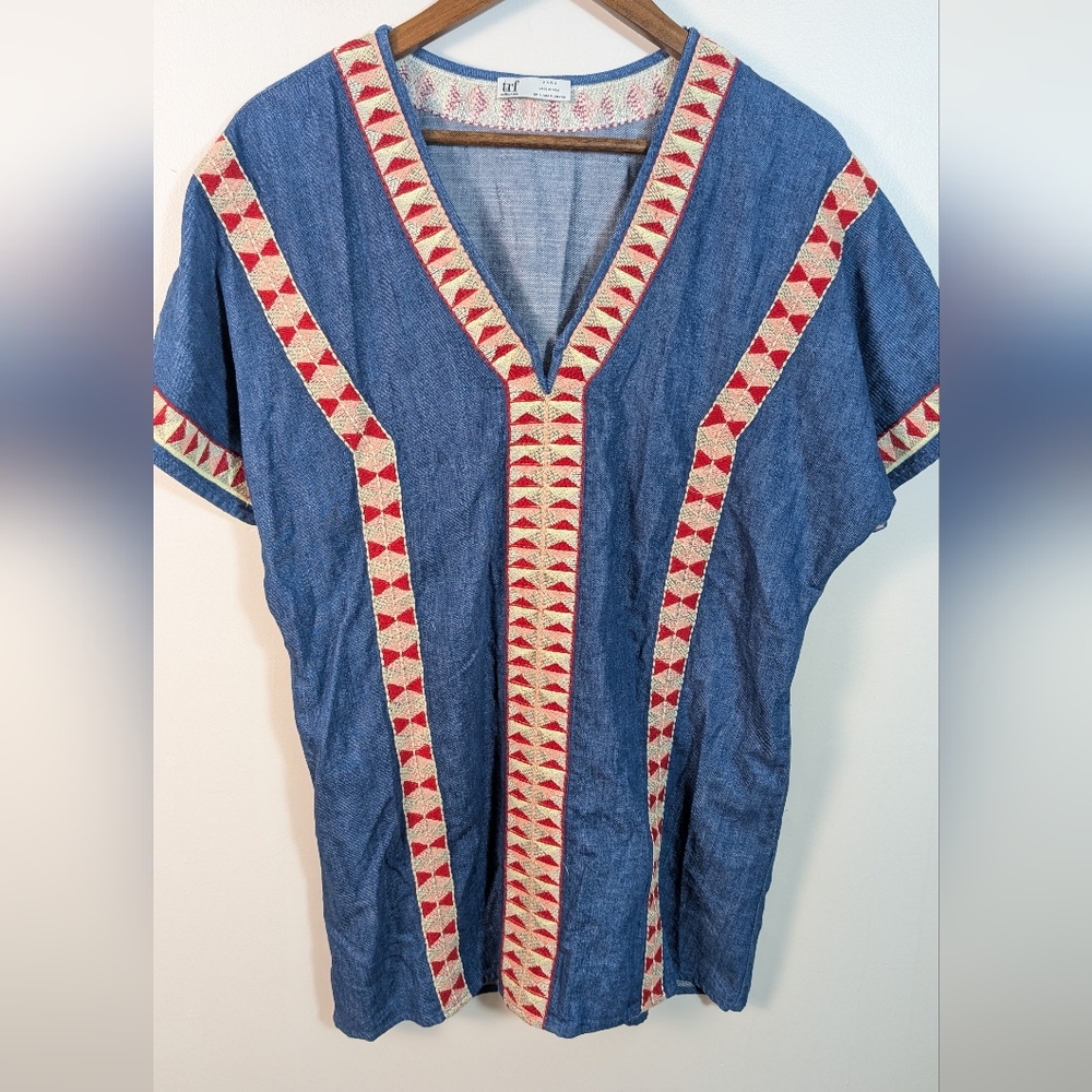 ZARA Denim Jean Embroidered V Neck Mini Dress - Picture 3 of 8